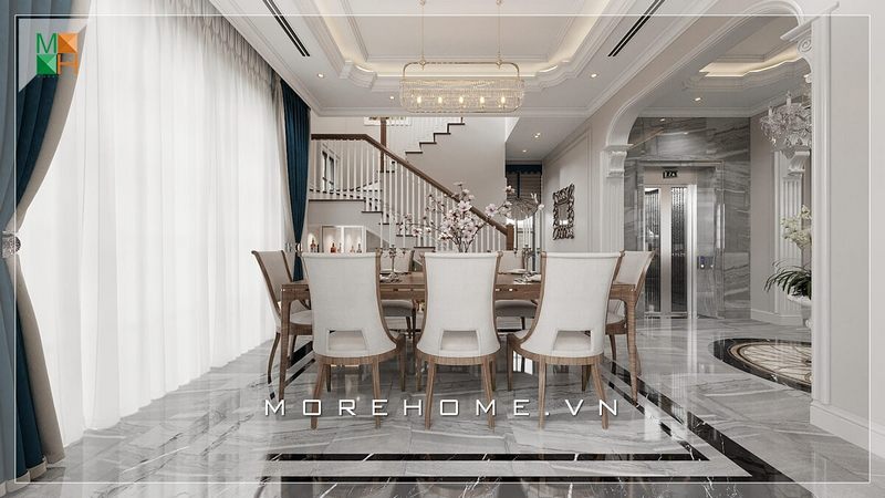 Thiết kế phòng ăn cao cấp sang trọng với sắc trắng tinh khôi thống nhất cùng phong cách tân cổ điển đầy ấn tượng